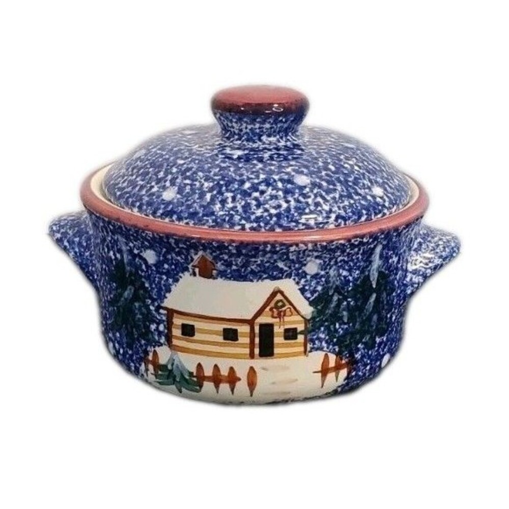 Cook's Bazaar Holiday Mountain Lodge Covered Casserole Soup Bowl Stoneware Vtg
